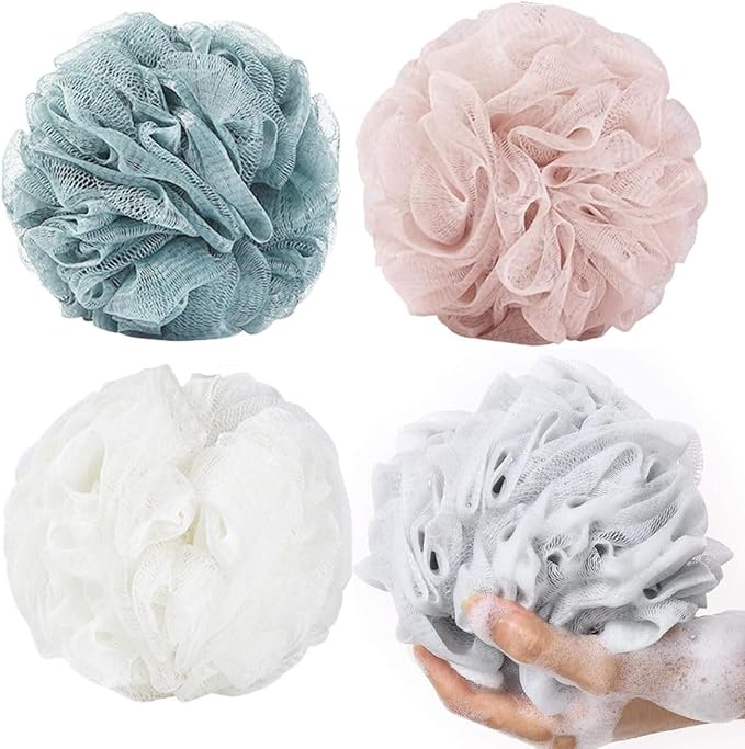 SHOWAY Large Bath Shower Sponge Pouf Loofahs: 4 Packs 60g/Each Eco-friendly Exfoliating Mesh Brush Pouf Bath Shower Ball Sponge-Exfoliate, Cleanse, Soothe Skin