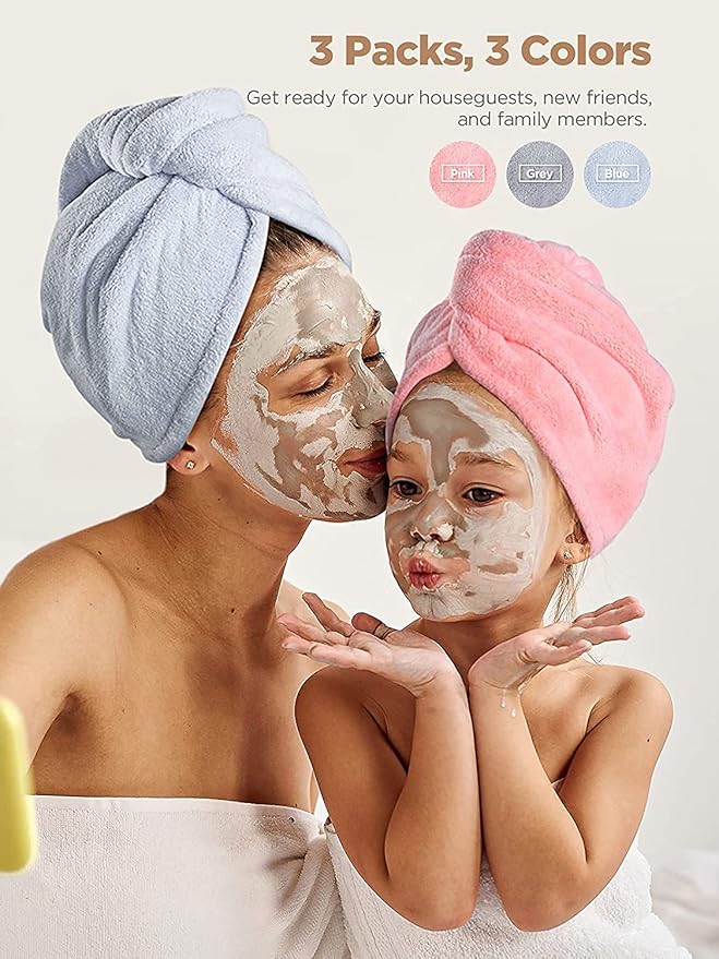 Microfiber Hair Towel, 3 Packs Hair Turbans for Wet Hair, Drying Hair Wrap Towels for Curly Hair Women Anti Frizz Color Assorted