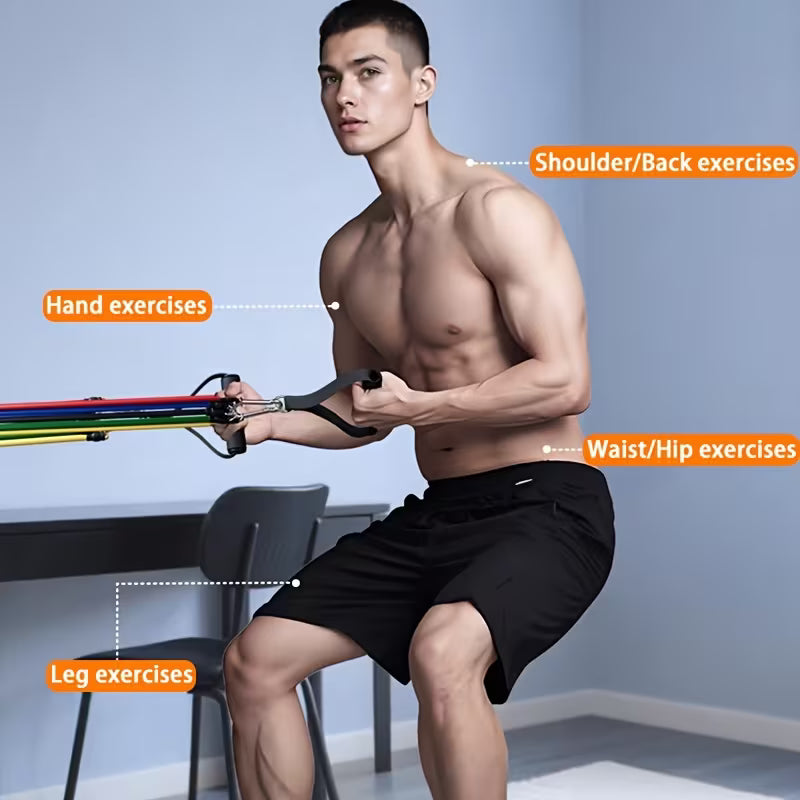 Multifunctional Tension Rope Set, with Resistance Bands And Stainless Steel Fitness Bars,