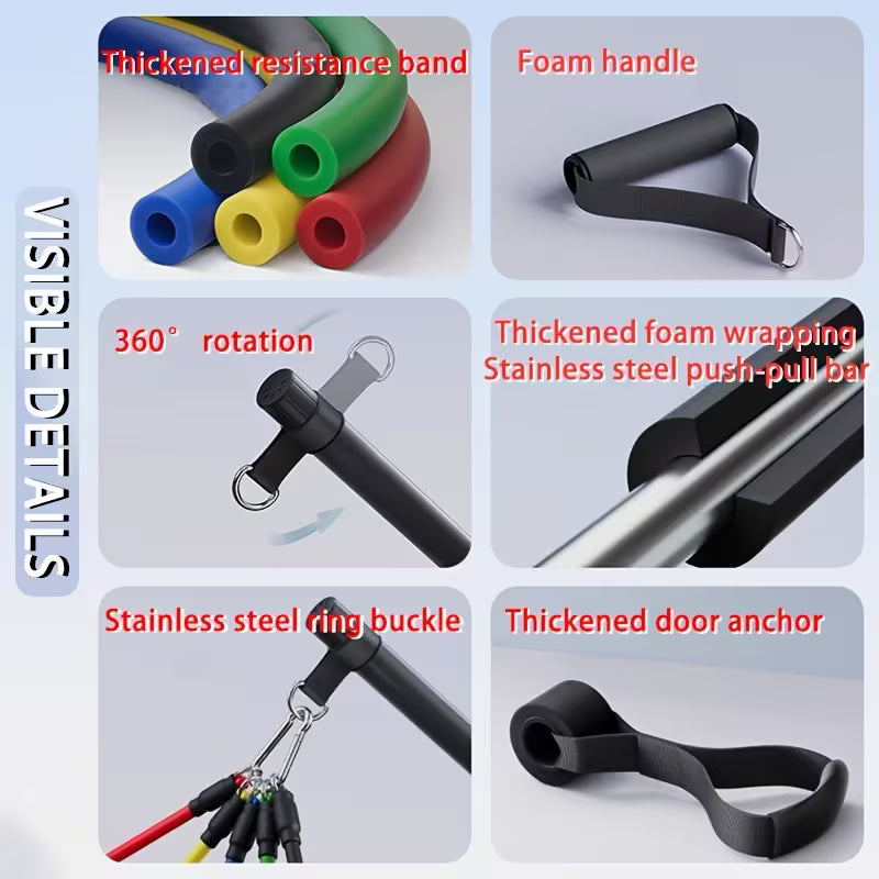 Multifunctional Tension Rope Set, with Resistance Bands And Stainless Steel Fitness Bars,